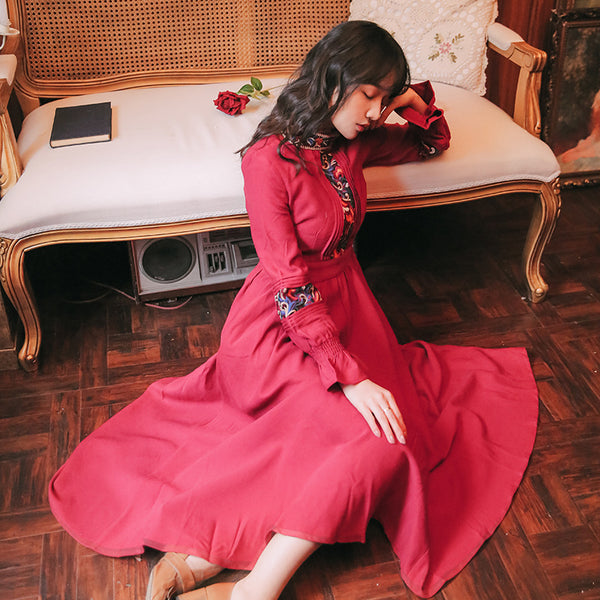 Vestido Retro con Bordados para Mujer - Otoño Invierno