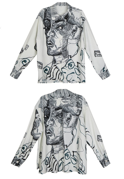 Blusa Suelta de Gasa con Estampado Facial para Mujer - Image 11