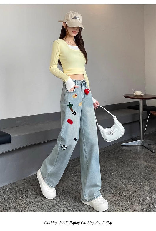 Pantalones Jeans Rectos Cintura Alta con Bordados para Mujer - Image 16