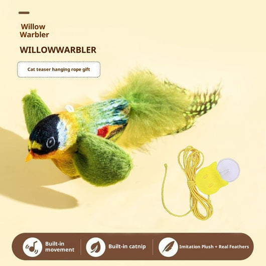 Plush bird cat toy with orange chest, brown body, and real speckled feathers, includes a yellow hanging rope. - Image 9