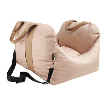 Beige pet car carrier seat with tan straps and a separate red pet seatbelt leash for safe car travel. - Image 9