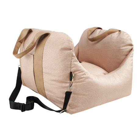 Beige pet car carrier seat with tan straps and a separate red pet seatbelt leash for safe car travel. - Image 9