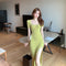 Vestido Largo Elegante para Mujer con Hombro Cuadrado y Abertura Lateral