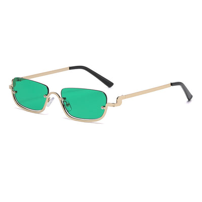 Gold frame semi-rimless sunglasses with brown rectangular lenses and black temple tips on a white background. - Image 4