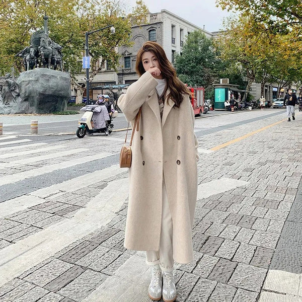 Abrigo de Lana Hepburn Coreano Suelto Midi para Otoño e Invierno