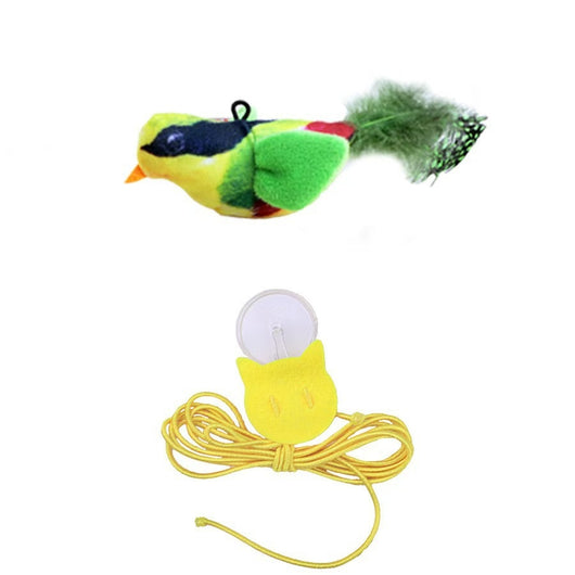 Plush bird cat toy with orange chest, brown body, and real speckled feathers, includes a yellow hanging rope. - Image 13