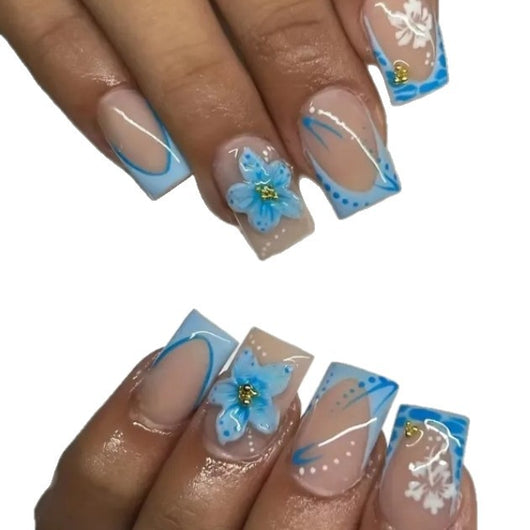 Set de 24 Uñas Postizas con Diseños de Mariposas, Flores y Estampado Vaca con Cristales - Image 4