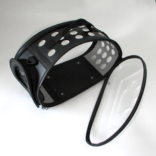 Gray and black pet carrier with a clear bubble window featuring paw prints and a mesh side for ventilation. - Image 5