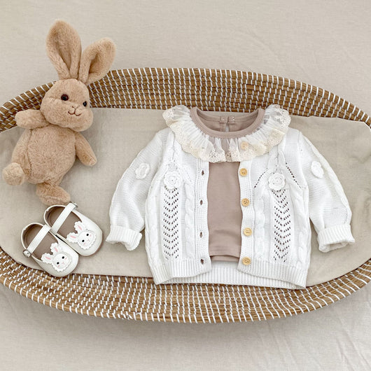 Chaqueta de Punto Tejida a Mano con Flores para Bebé Niña - Algodón Puro - Image 3