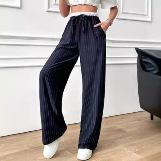 Pantalón Casual de Cintura Alta con Rayas Verticales y Contraste de Colores