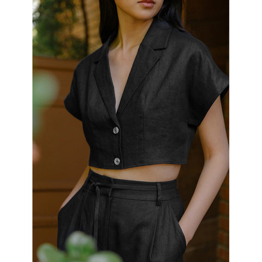 Camisa de Lino con Cuello Solapa y Manga Corta - Image 10