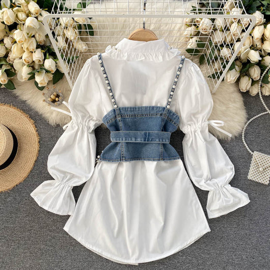 Conjunto Dos Piezas: Blusa Manga Abullonada con Detalles de Perlas y Chaleco Sling con Borlas - Image 5