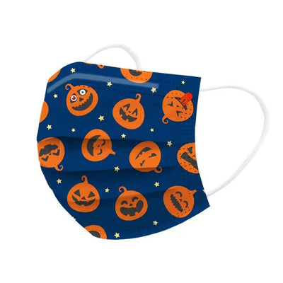 White disposable face mask with a Halloween print featuring orange jack-o'-lanterns, black cats, spiders, and "BOO". - Image 6