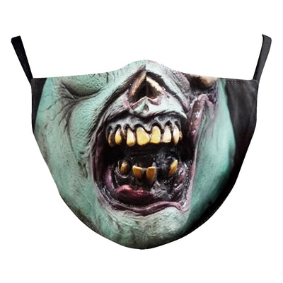 Red textured Halloween face mask with a grotesque skin design, prominent nose, and open mouth, featuring black ear loops. - Image 21