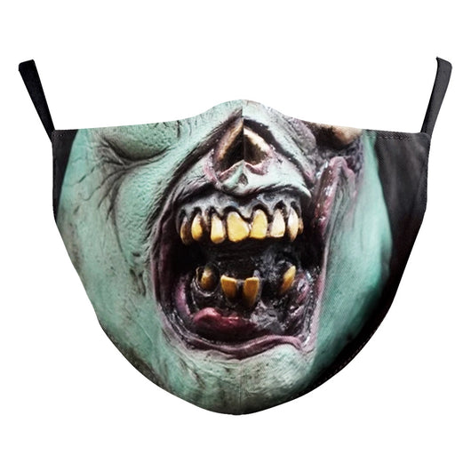 Red textured Halloween face mask with a grotesque skin design, prominent nose, and open mouth, featuring black ear loops. - Image 21
