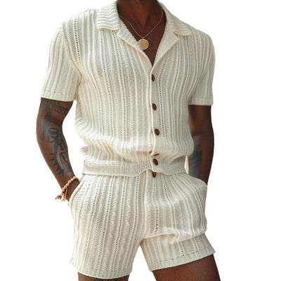 Conjunto Casual con Patrón Vertical - Camisa Slim con Solapa y Shorts - Image 9