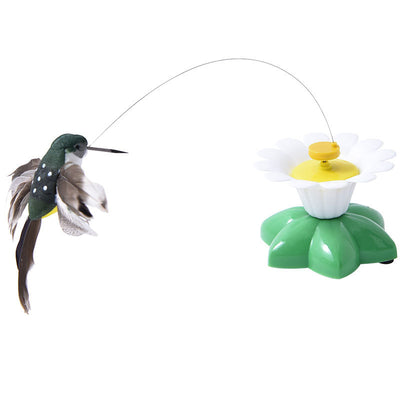 Automatic cat teaser toy with an electric rotating bird on a steel wire, attached to a green and white flower base. - Image 5