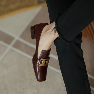 Zapatos de Cuero Marrón Retro con Punta Cuadrada y Tacón Bajo para Mujer - Image 9