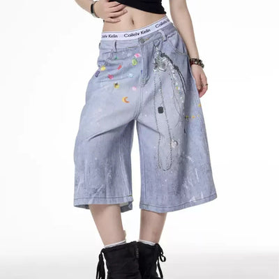 Shorts Denim Retro con Cadena Estampada para Mujer