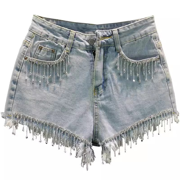 Short Denim Cintura Alta con Brillantes y Flecos - Image 3