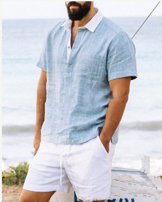 Camisa Casual de Algodón y Lino con Cuello Solapa - Diseño Minimalista