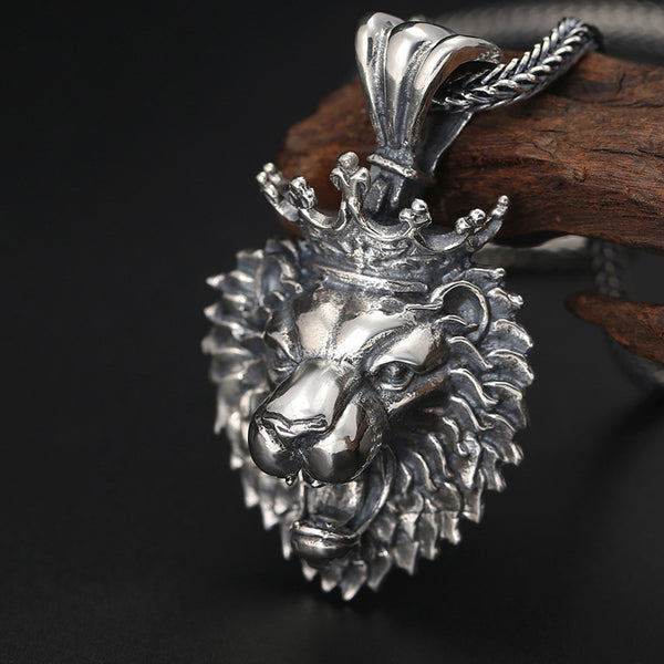 Colgante León Corona Plata Pura Estilo Vintage Desgastado