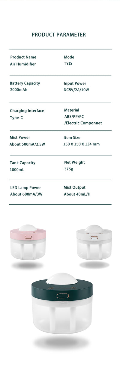 White portable projection humidifier with a translucent water tank and gold-accented control buttons. - Image 14