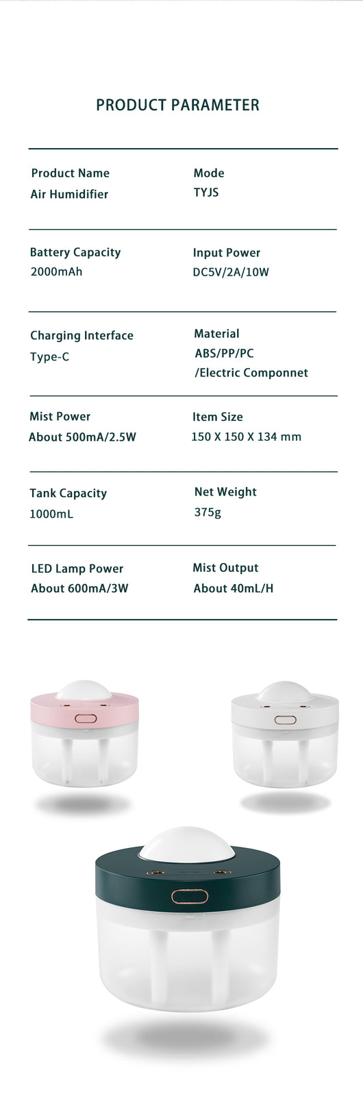 White portable projection humidifier with a translucent water tank and gold-accented control buttons. - Image 14