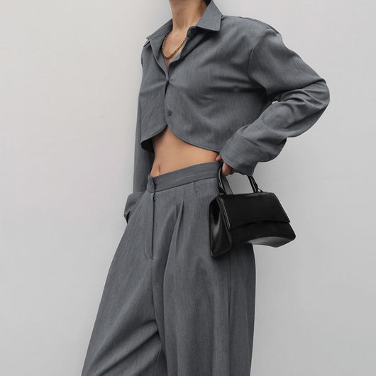 Conjunto de Pantalón Ancho y Blusa Gris de Manga Larga Cintura Alta Efecto Reductor - Image 10