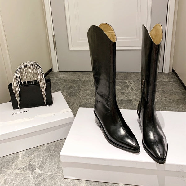 Botas Vaqueras de Cuero con Tacón Grueso, Punta Afilada y Caña Alta