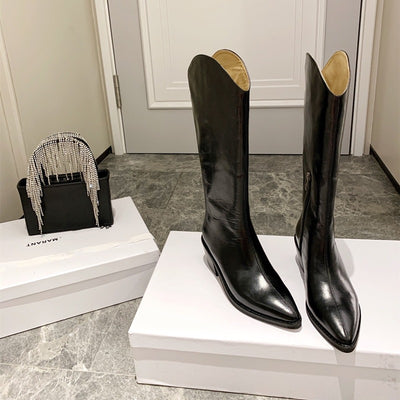 Botas Vaqueras de Cuero con Tacón Grueso, Punta Afilada y Caña Alta