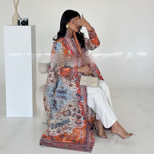 Cardigan Djellaba Étnico con Pliegues y Estampado - Capa Clásica de Moda - Image 14