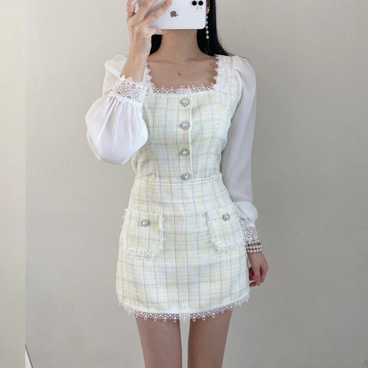 Conjunto de Dos Piezas con Camisa Cuadros Cuello Cuadrado y Falda Corta - Image 2