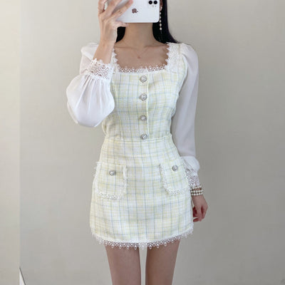 Conjunto de Dos Piezas con Camisa Cuadros Cuello Cuadrado y Falda Corta - Image 2