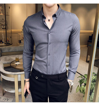 Camisa Manga Larga Estilo Gentleman Británico de Color Sólido - Image 27