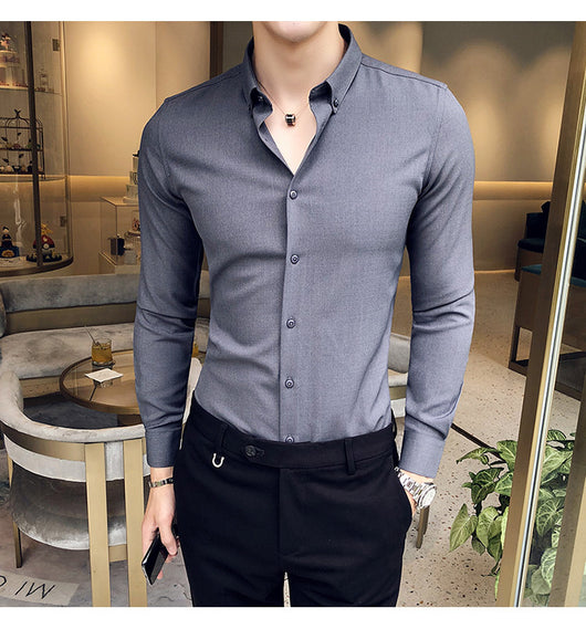 Camisa Manga Larga Estilo Gentleman Británico de Color Sólido - Image 27