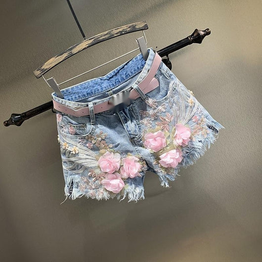 Shorts de Mezclilla Rectos con Bordados y Perlas para Mujer - Image 2