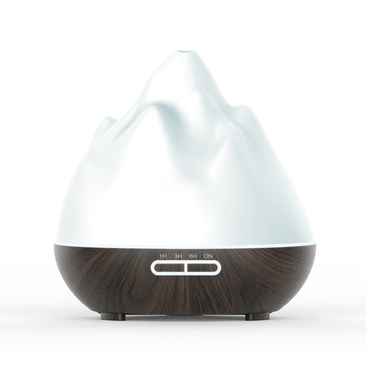 Mountain View Volcano Aroma Diffuser Mini Humidifier with blue LED light and dark wood grain base. - Image 9