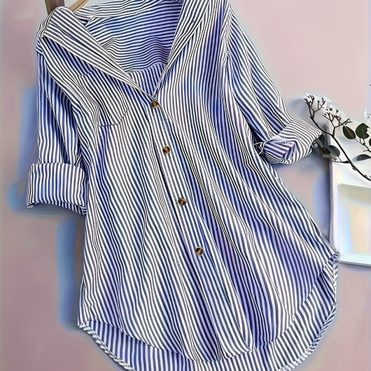 Camisa Casual Suelta a Rayas con Botones y Mangas Largas para Mujer - Image 9