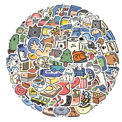 Hand holding a cartoon sticker of a dog and cat looking out a window at a starry night, with many other animal stickers blurred in the background. - Image 8