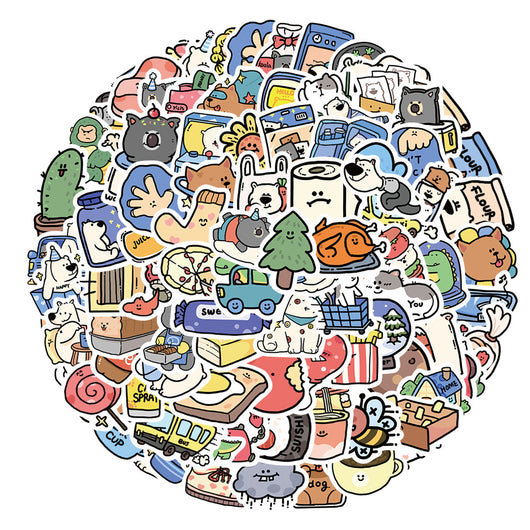 Hand holding a cartoon sticker of a dog and cat looking out a window at a starry night, with many other animal stickers blurred in the background. - Image 8