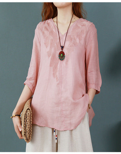 Blusa Larga Atrás Corta Adelante de Algodón y Lino con Bordado para Mujer - Image 17