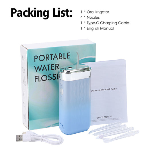 Portable water flosser in gradient pink and blue with four nozzles, a charging cable, and its product box. - Image 49