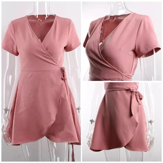 Vestido Rosa Escote V Manga Corta para Mujer - Image 8