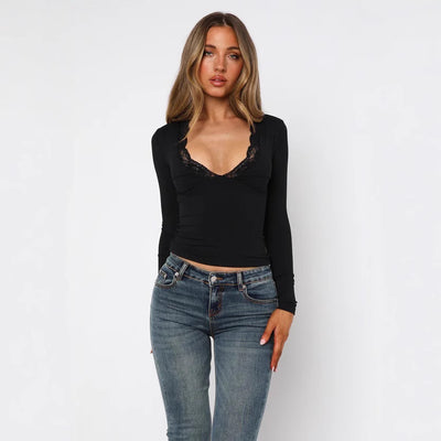 Blusa Ajustada de Manga Larga con Encaje Floral