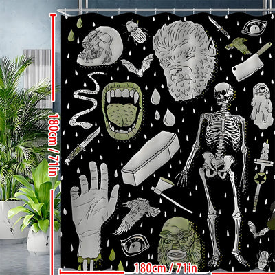 Black polyester shower curtain with a horror print featuring skeletons, skulls, monsters, and spooky elements. - Image 12