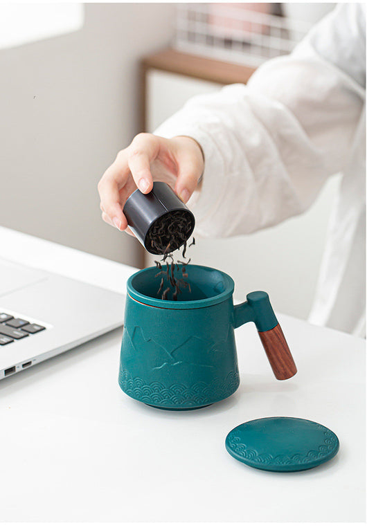 Taza Cerámica Ola del Océano con Asa de Madera y Tapa - Image 10