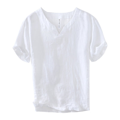 Camiseta de Lino con Cuello en V - Manga Corta Estilo Retro - Image 6