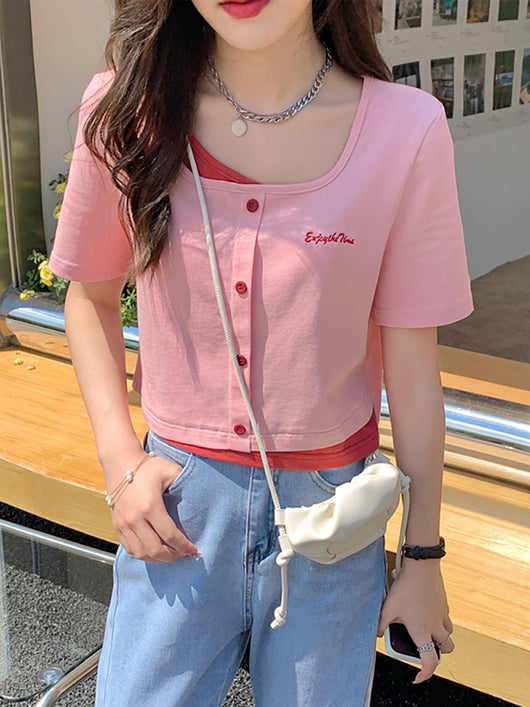 Blusa Dulce de Escote Cuadrado y Manga Corta Falsa de Dos Piezas - Image 5
