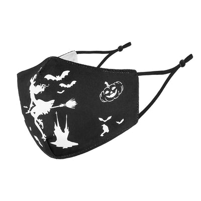 Black cloth face mask with white Halloween witch, bats, and jack-o'-lantern pattern, shown glowing green in the dark. - Image 7